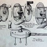 Aus dem Hildebrand-Katalog von 1880: Rollen und eine Maschine zur Vorfachherstellung (unten), gefertigt in München.