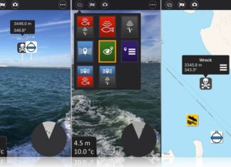 Der neue Ansichtumschalter der Wi-Fish-App (links), Erweiterte-Realität-Ansicht und Kartenansicht (rechts).