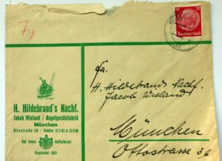 Post von Hildebrand an Hildebrand. Offenbar hat Jakob Wieland mit einem Geschäftsumschlag Post von unterwegs nach München geschickt.