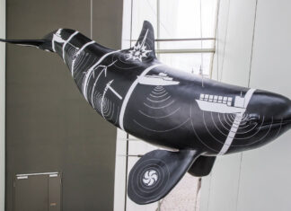 Ein sechs Meter langes Modell eines Schwerwals im Foyer des OZEANEUM Stralsund trägt symbolisch die vom Menschen erzeugten Lärmquellen, denen Meerestiere ausgesetzt sind. Fotos: Johannes-Maria Schlorke