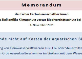 Das wissenschaftliche Memorandum „Energiewende nicht auf Kosten der aquatischen Biodiversität“ formuliert sieben konkrete Vorschläge zur Entschärfung von Zielkonflikten zwischen Klima- und Gewässerschutz.