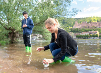 Studierende der SRH Hochschule Heidelberg beim Entnehmen von Wasserproben aus dem Neckar. Bild: SRH Hochschule Heidelberg
