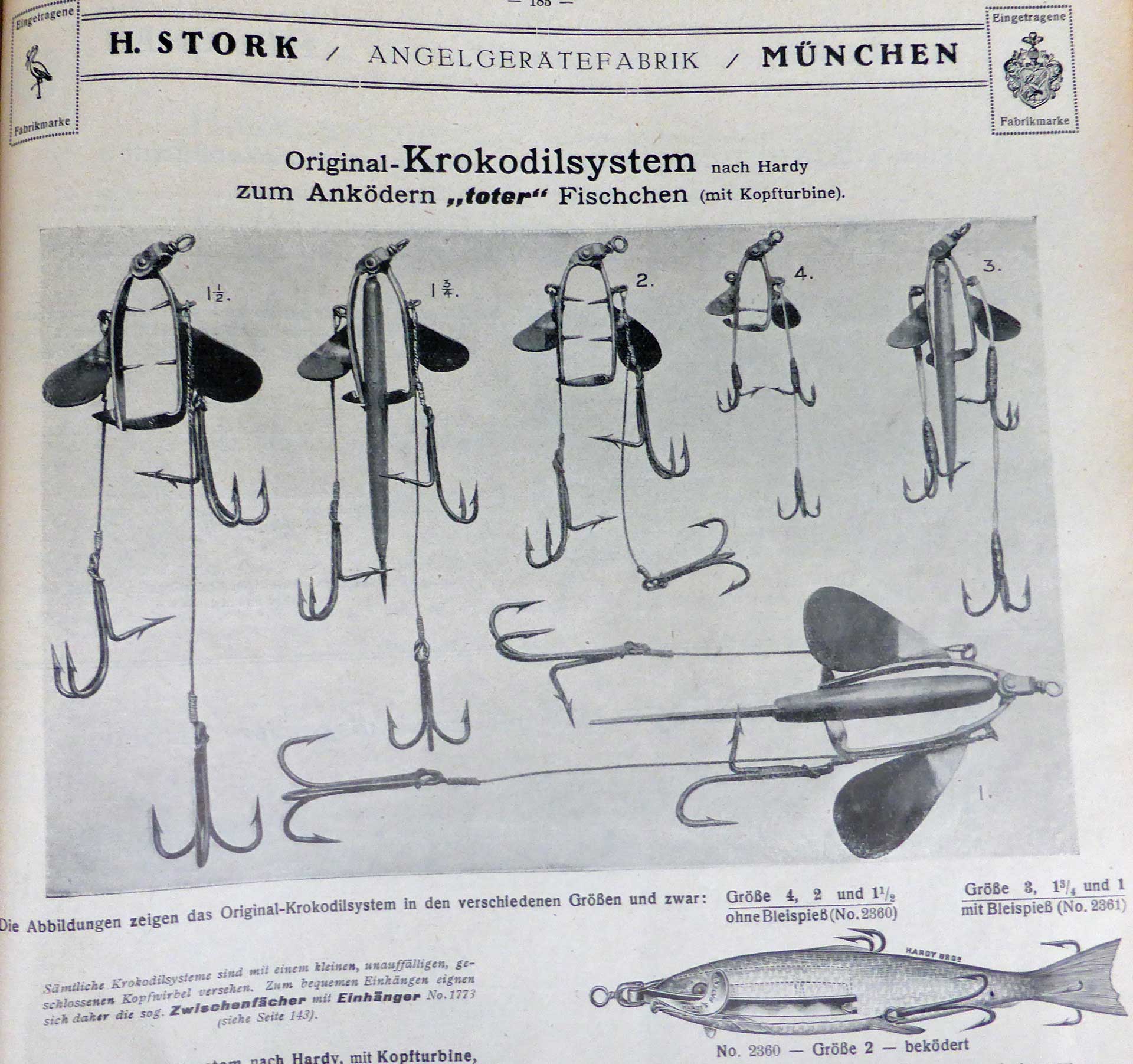 Verschiedenen Krokodil-Systeme im Stork-Katalog von 1926. Die Drillinge sitzen stets am Drahtseitenarm.