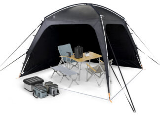 "Compact Camp Shelter" von Dometic. Mit dem zusätzlichen "Door & Wall Kit" kann der Pavillion auch komplett geschlossen werden. Bild: Dometic