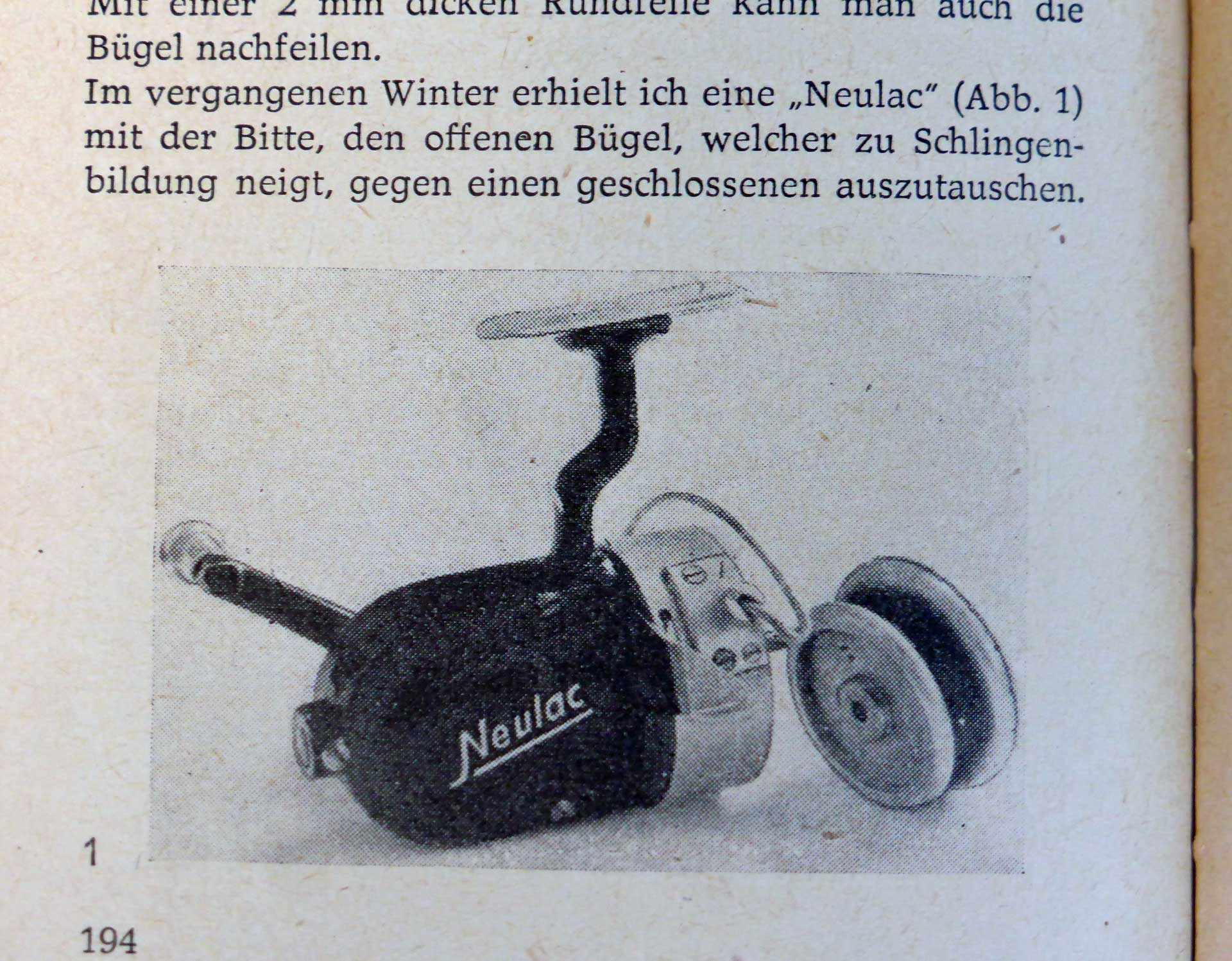 In einem Artikel im DDR-Anglerkalender berichtet Rudolf Schröpfer über seinen Vollbügel-Umbau der Neulac. Hier sieht man auch seine typische Fußreparatur. Aus: Jahrbuch des Anglers,1963, Ostberlin.