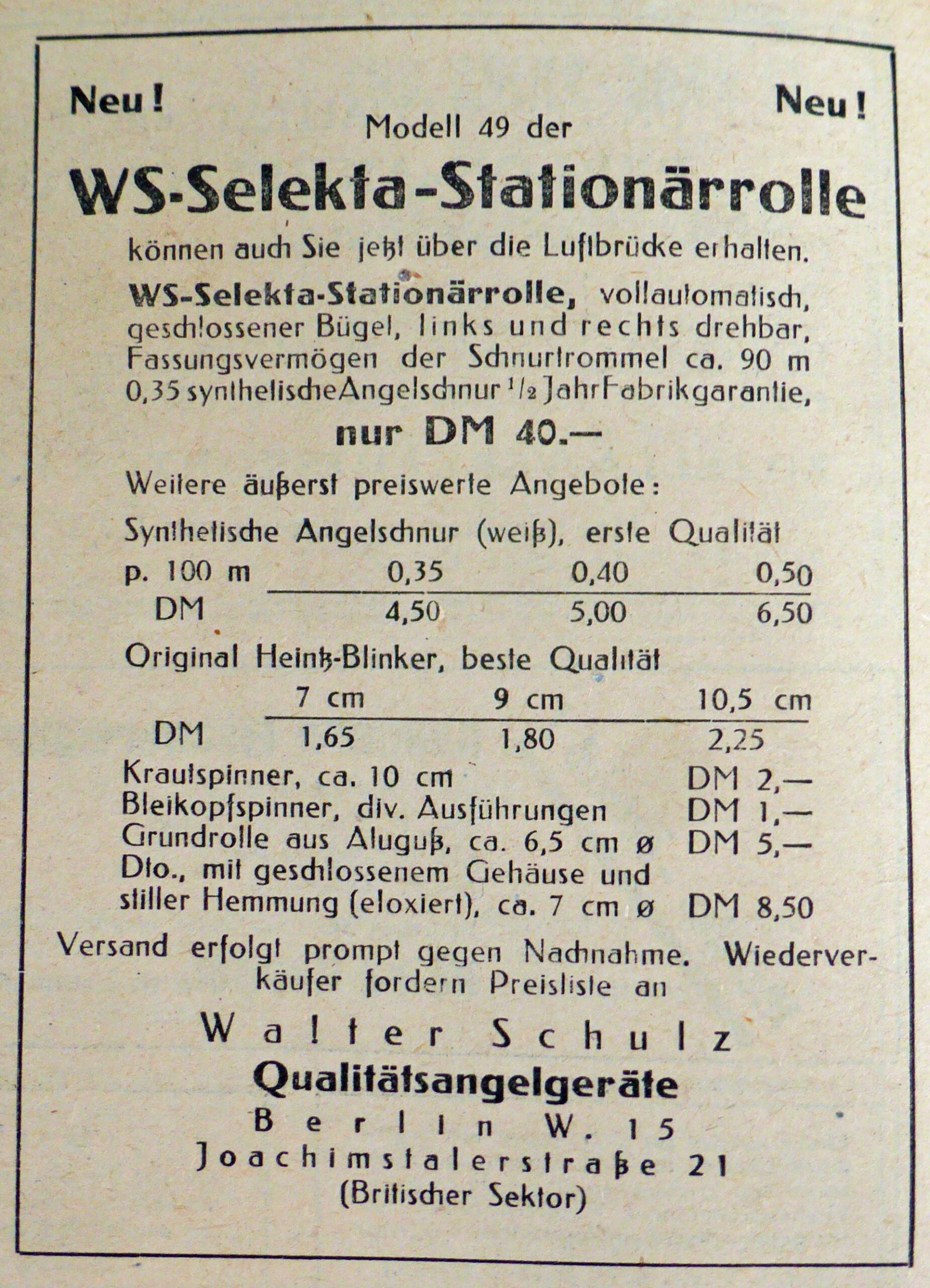 Werbung für die WS-Selekta-Grundrollen aus der Fischwaid, Mai 1949. Hier wird ein kleines silbernes Modell und ein minimal größeres eloxiertes Modell beschrieben.