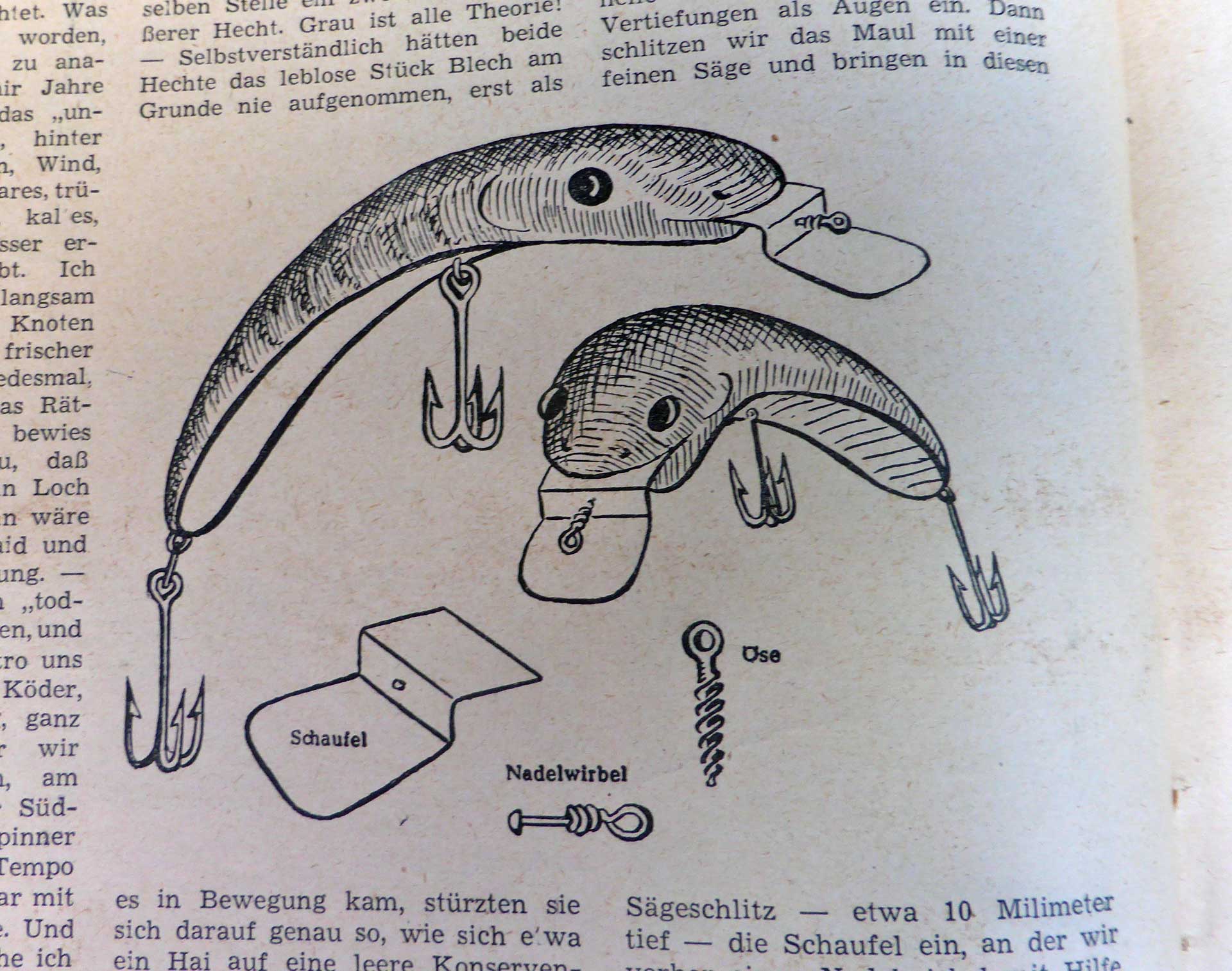 Bananenförmiger "Löffelwobbler" mit Tauchschaufel in der Fischwaid, Januar 1950.
