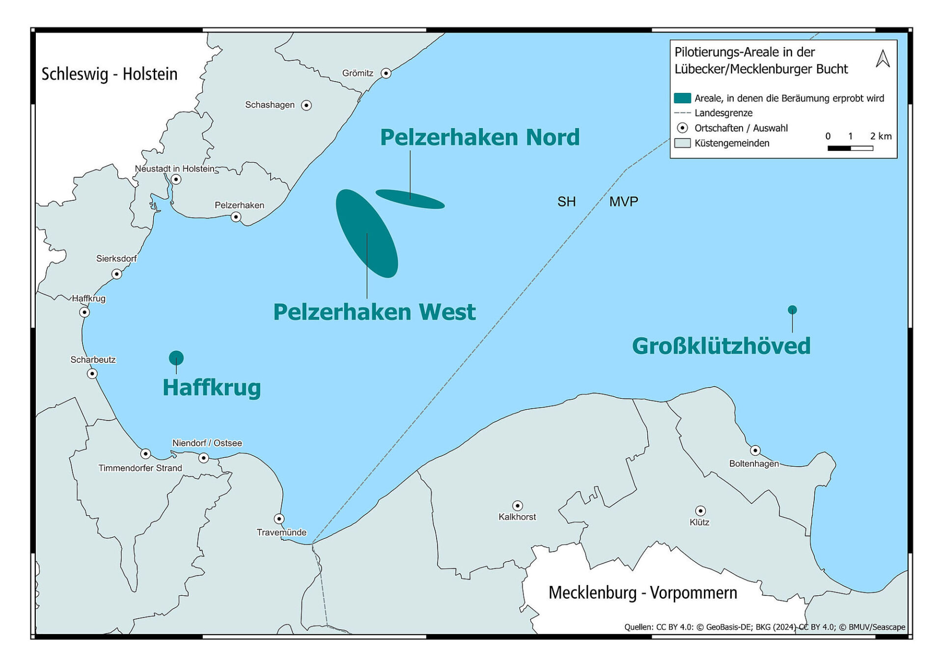 In diesen drei Gebieten vor Haffkrug und Pelzerhaken wird ab Mitte August 2024 die erste Altmunitionen geborgen. Dieses Pilotprojekt soll wichtige Erkenntnisse darüber liefern, wie Munition im Meer in Zukunft effizient, sicher und umweltgerecht geräumt werden kann. Grafik: BMUV/Seascape