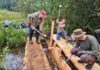 Im Mosbrucher Weiher in der Eifel werden alte Moor-Entwässerungsgräben mit Douglasien-Planken verschlossen. Bild: Bergwaldprojekt