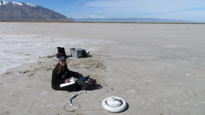 Erfassung von austretenden Gasen am Grund des immer weiter austrocknenden Großen Salzsee in Utah. Foto: Soren Brothers/IGB