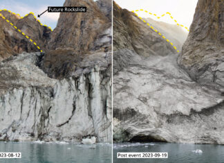 Ein ganzer Berggipfel (Bild links) rutschte in den Fjord und löste ein weltweit erkennbares seismisches Signal aus. Fotos: Søren Rysgaard (links), Danish Army (rechts). Collage: Elias Kobel, KIT