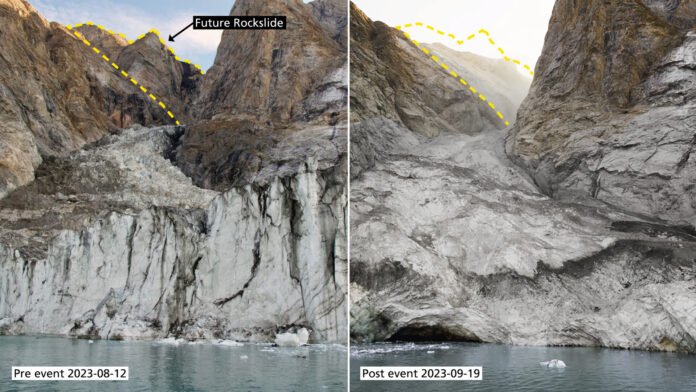 Ein ganzer Berggipfel (Bild links) rutschte in den Fjord und löste ein weltweit erkennbares seismisches Signal aus. Fotos: Søren Rysgaard (links), Danish Army (rechts). Collage: Elias Kobel, KIT