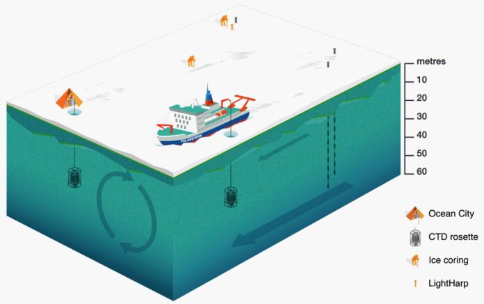 Um die Licht-Messungen unter dem Eis am Ende der Polarnacht durchführen zu können, ließ man den Forschungseisbrecher „Polarstern“ und auch die Messgeräte im Eis einfrieren. Foto: Alfred-Wegener-Institut