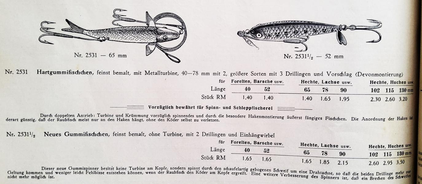 Verschiedene Hartgummi-Fischchen im Stork-Katalog von 1931.