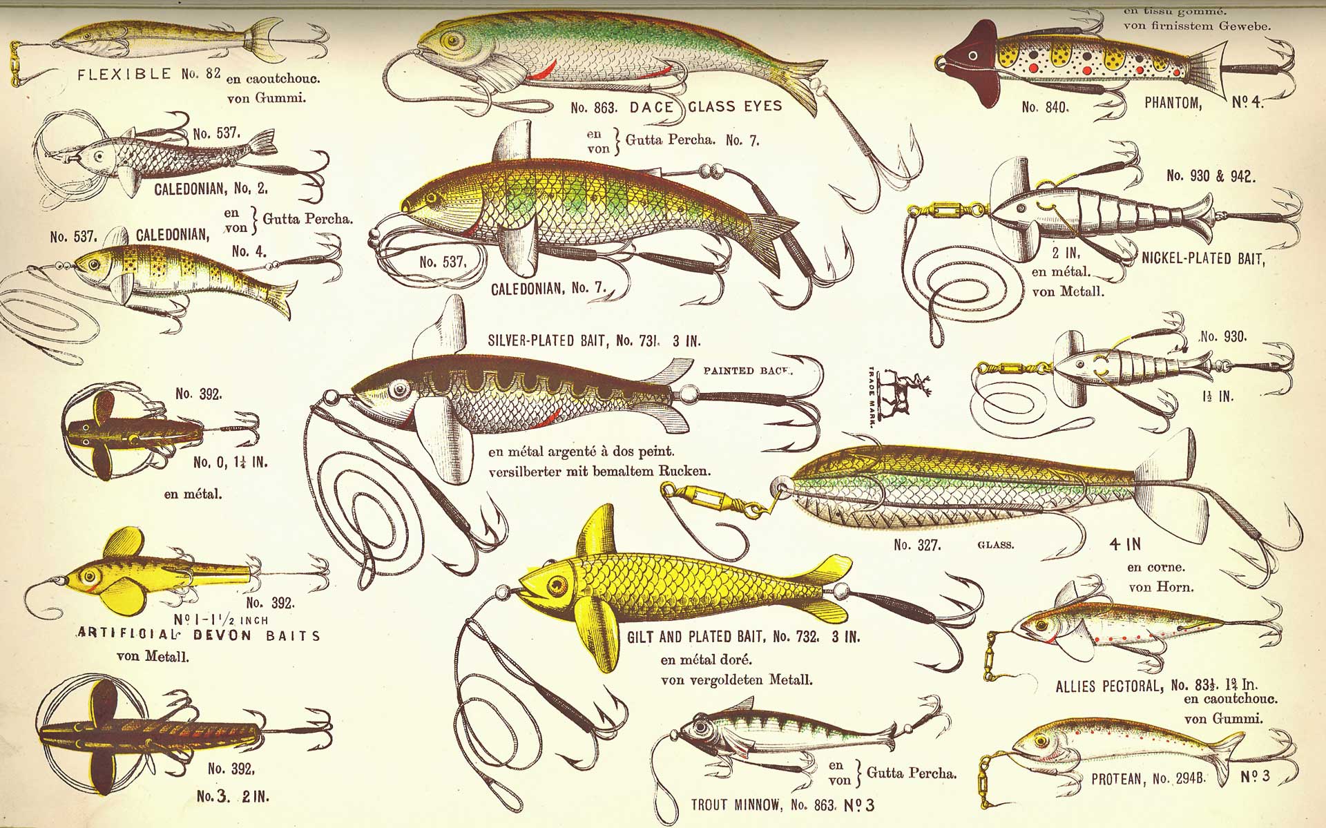 Hartgummi-Fischchen im Allcock-Katalog von 1887.