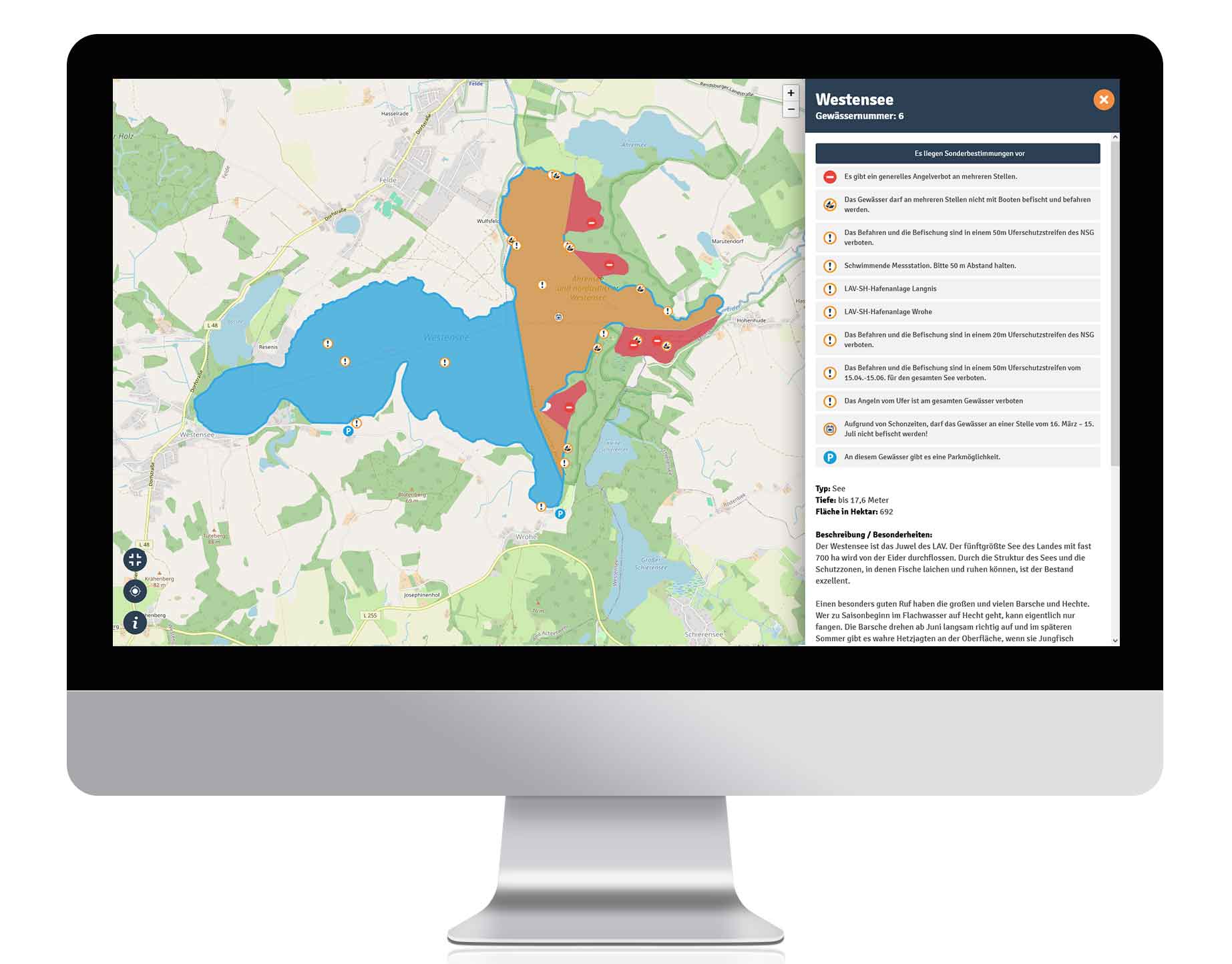 Auch über den Browser können die Gewässerdaten abgerufen und komplexere Verbotszonen auch zu Hause gut nachvollzogen werden.