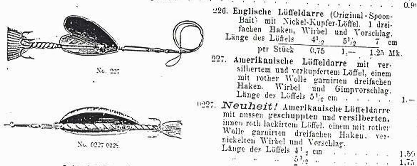 Im DAM-Katalog von 1903 finden sich herzförmige "amerikanische Spinner" und auch Spinner mit umwickelter Achse.