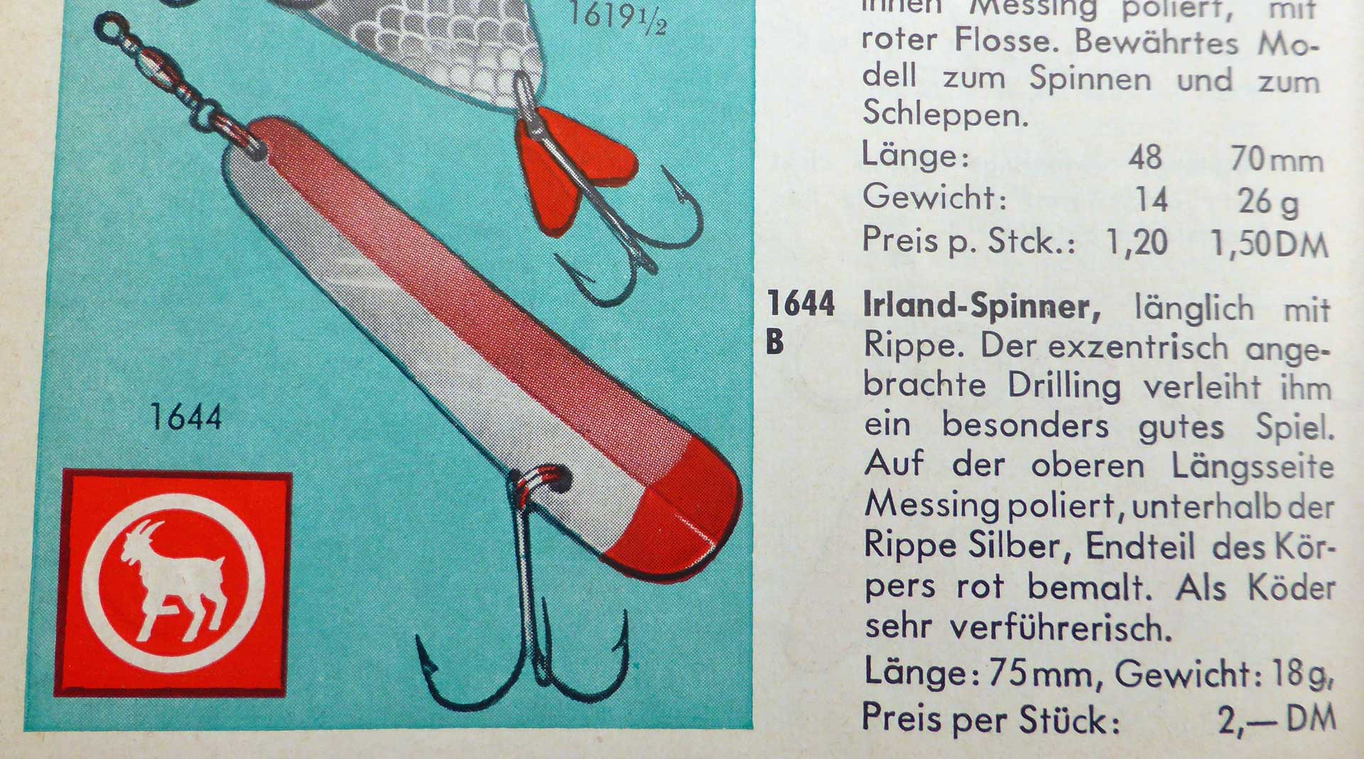 Im DAM-Katalog von 1958 bekommt der Blinker einen blanken Messingrücken und eine rot bemalte Schwanzflosse.