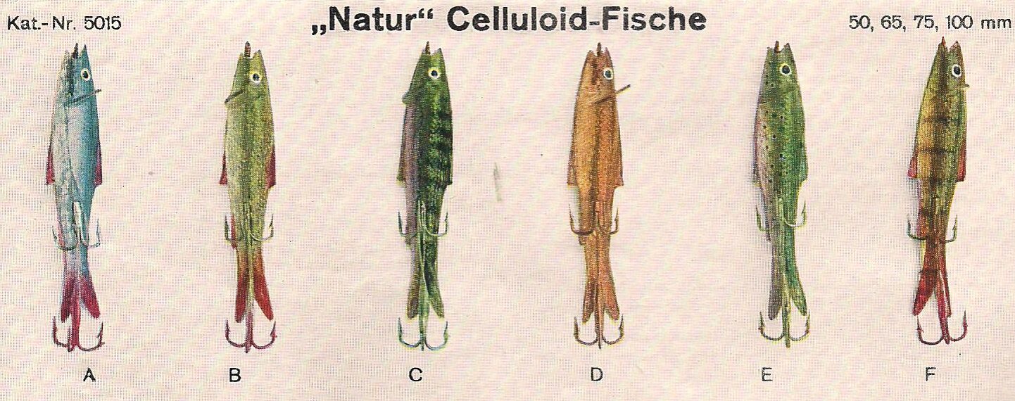 Im 1933er DAM-Katalog sind sogar Farbabbildungen zu sehen. (A) Silberling, (B) Pfrille, (C) Gründling, (D) Goldfisch, (E) Forelle, (F) Barsch.