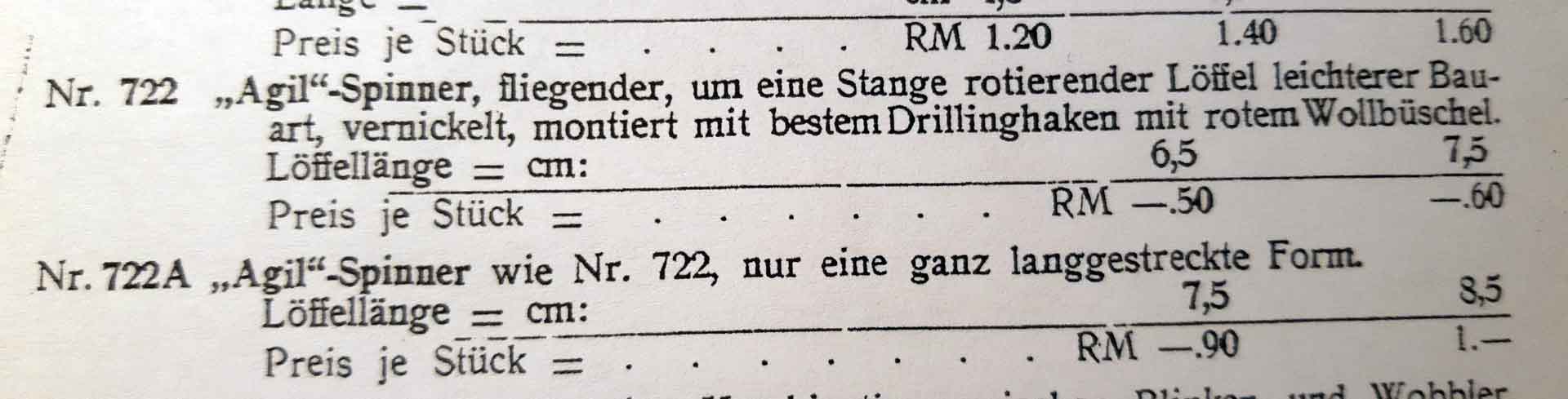 Die Bestellnummer 722 im Müller & Fliege-Katalog. Diesen Agil-Spinner gab es in 6,5, 7,5 und 8,5 cm.