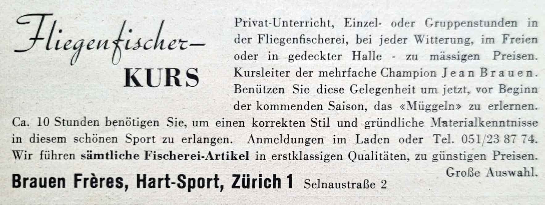 Das Ladengeschäft der Brauen-Brüder ist von 1948 bis 52 im Telefonbuch Zürich zu finden. Hier eine Anzeige von 1951.