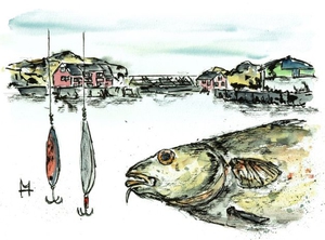 Der Erzählband ist illustriert mit Zeichnungen von Michael Huber. Hier ist der Brotfisch Norwegens zu sehen: der Dorsch. Manchmal wundert man sich, wie gierig die Fische sind. Da können schon mal zwei Pilker verschluckt werden.
